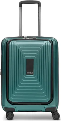 A green trolley suitcase with a silver telescopic handle and black wheels, set against a white background.
