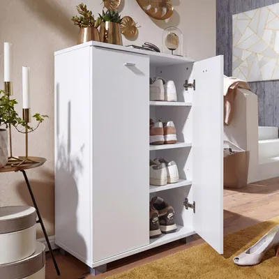 Image de Armoire à chaussures FineBuy blanche moderne en bois, 12 paires de chaussures, 4 compartiments, 2 portes, étagère à chaussures 60 x 90 x 35 cm, peu encombrante, commode à chaussures, armoire d'entrée avec étagère