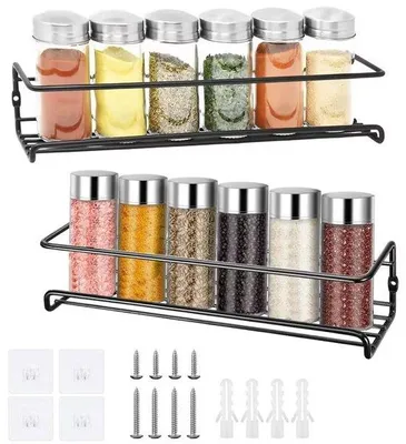 Productafbeelding van Unyqoos® 2-delig zwart kruidenrek voor wandmontage – zonder boren, met zelfklevende haken of schroeven, gecoat roestvrij staal, 29 x 6,4 x 6 cm