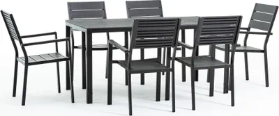Produktbild von Gartenset mit rechteckigem Tisch 180×90 cm aus Stahl und Polyethylen in Holzoptik und 6 stapelbaren Stühlen – modernes, robustes und harmonisches Design für Terrasse, Garten und Veranda – THOMAS + ADELE – Anthrazit