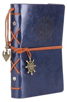 Image de Cahier en cuir synthétique vintage, style marin, format 130x185 mm, couleur bleu, pages vierges, 150 pages