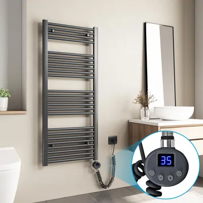 Image de Radiateur de salle de bain Heilmetz, radiateur électrique 120 x 50 cm, 600 W, anthracite, radiateur électrique pour serviettes, sèche-serviettes