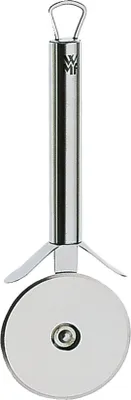 A stainless steel pizza cutter with a handle and a circular blade.