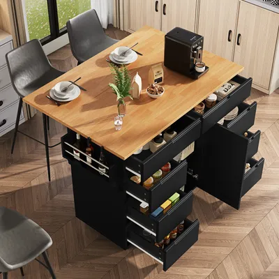 A kitchen island with a coffee maker and various items on top, set in a kitchen environment with chairs.