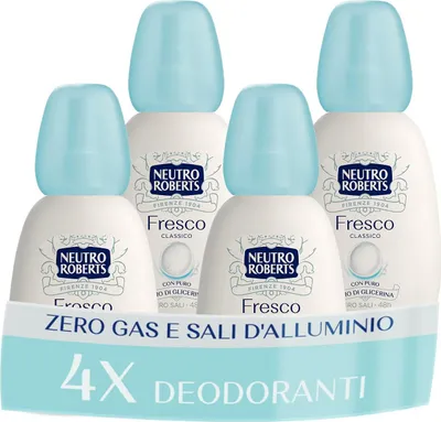 Produktbild von Neutro Roberts, Vapo Lufterfrischer, klassisch, ohne Aluminiumsalze, mit reinem Glycerinöl, Deodorant für Damen und Herren, 100% recycelter Kunststoff, kein Gas, 48 h – 4 Stück à 75 ml