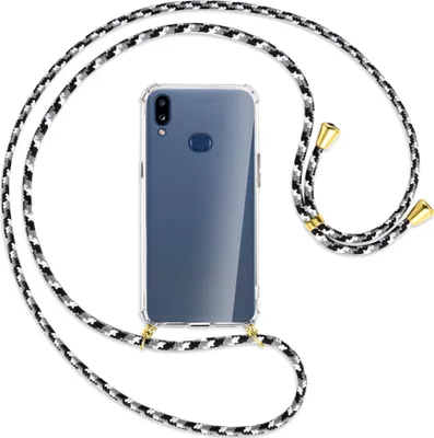 Produktbild von Handykette Backcover-Schutzhülle mit Band (Metall goldfarben) für Samsung Galaxy A10s - schwarz/grau/weiß