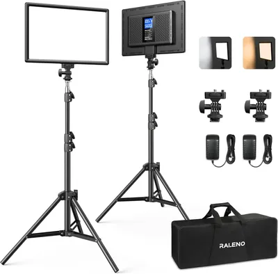 Image de Lampe vidéo LED - Lampe vidéo, éclairage vidéo, lampe de studio, lampe de photographie - Lot de 2 avec trépieds et support pour téléphone