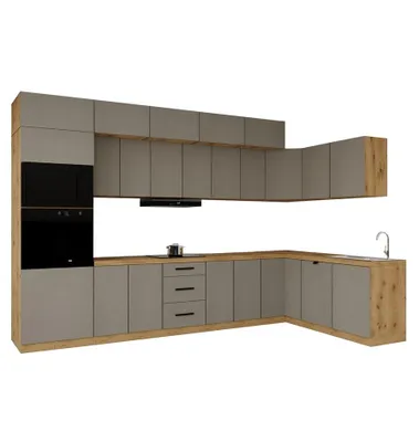 Produktbild von Winkelküche 360 x 200 cm Einbauküche Küchenblock Ohne Arbeitsplatte L-Küche , Langen KL10-M360,Beige/Matt