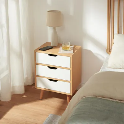 Image de Table de chevet « Bordkak » avec 3 tiroirs 55 x 40 x 30 cm Pieds en bois aspect chêne/blanc