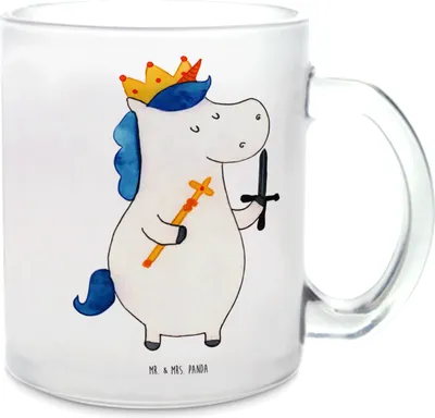 Produktbild von Mr. & Mrs. Panda Tee Tasse Einhorn König mit Schwert - Transparent - Geschenk, Einhörner, Ritter, Pott, Häferl, Unicorn, Teetasse, Teeglas, Mittelalter, Trinkglas