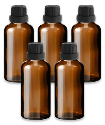 Produktbild von 5x Braunglasflasche 50 ml mit schwarzem Tropfer leere Apothekerflasche