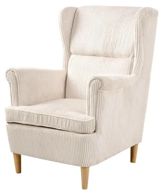 Produktbild von Ohrensessel Cord in Hellbeige mit Armlehnen und Holzbeinen