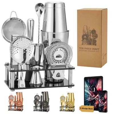 Produktbild von SolidKeus – 10-teiliges Cocktail-Shaker-Set aus Edelstahl mit Acryl-Ständer
