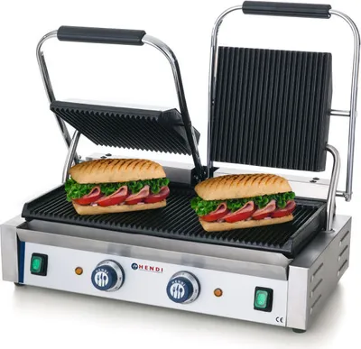 Produktbild von HENDI Kontaktgrill Doppelausführung oben und unter gerillt   3600W