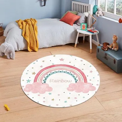 Immagine prodotto di Tappeto rotondo Unyqoos® per bambini e giochi, 120 x 120 cm – antiscivolo, lavabile a 30°C, antibatterico, ideale come tappetino per la cameretta di neonati e bambini
