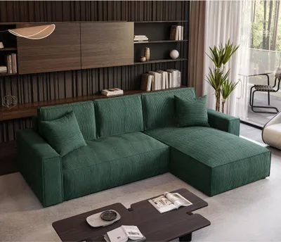 Produktbild von Ecksofa Parys L-form Polsterecke mit Cord-Bezug mit Schlaffunktion und Bettkasten 290 cm Sofa l-förmig, Farbe: Grün, Poso 14