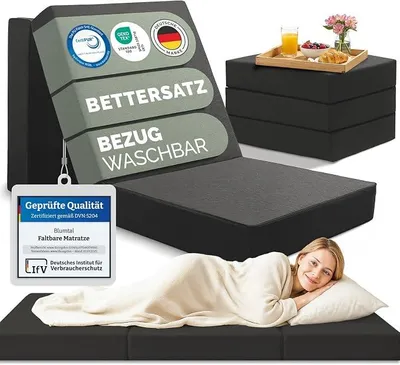 Produktbild von Klappmatratze 195x75 cm - 3teilige Gästematratze klappbar extra dick (15 cm) - rückenfreundliche Faltmatratze Schaumstoff- Schlafmatratze + Bezug in Anthrazit hautfreundlich & waschbar