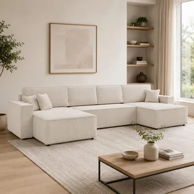 Produktbild von GOLDSTOFF Amalia U-Sofa mit Schlaffunktion Bettkasten – Ecksofa U Form mit Cord-Bezug 330x147 & Komfort-Polsterung | Schlafsofa mit Stauraum (beige)