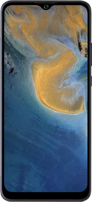 A front view of a gray ZTE Blade A51 smartphone with a wallpaper of a natural landscape on its screen.