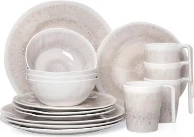 A set of 16 melamine dishes for 4 people, including plates, bowls, and mugs, with a speckled design.