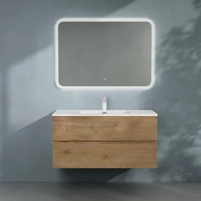 Produktbild von doporro Badmöbel-set Waschbecken-Unterschrank Badezimmer Wandmontage-Unterschrank BTH: 80x48x50 cm in Kerneiche inkl. Mineralguss-Waschbecken und LED-Spiegel Aqualis