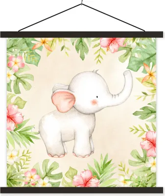 Produktbild von MuchoWow® Textilposter Dschungel - Blumen - Elefant 120x120 cm mit schwarzem Rahmen - Aufhängungsset