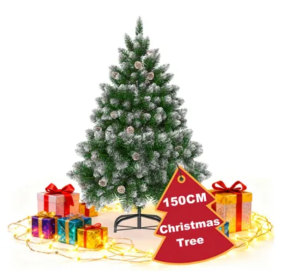 Imagen del producto de Árbol de Navidad artificial QEENTOE, 150 cm, árbol de Navidad con puntas blancas, agujas de pino de PVC, abeto artificial con soporte, color verde, efecto de nieve