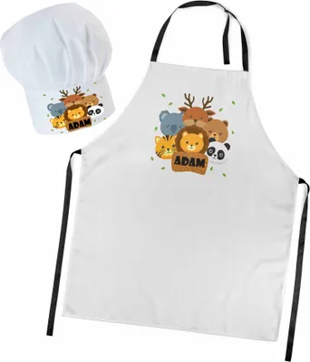 Produktbild von Personalisierte Kochmütze + Kochschürze Set 2tlg. Für Kinder, Jungen und Mädchen, Weiß, Schürze mit Ihrem Namen, Tiere [099]