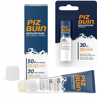 Produktbild von Piz Buin Mountain Sun Set: Lippenbalsam SPF 30 (4,9 g) + Gesichtssonnencreme SPF 50 (20 ml) UVA/UVB Schutz für Outdoor & Berge