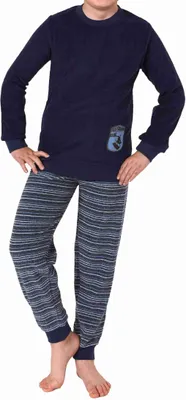 Produktbild von Jungen Frottee langarm Schlafanzug Pyjama mit Bündchen und Skaterboard-Motiv ; blau , 128