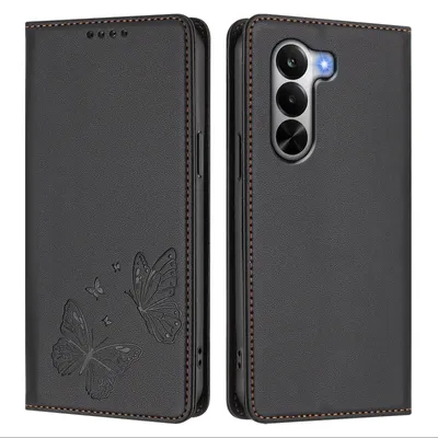 Image de Étui en cuir pour Realme P4x, étui de protection type portefeuille en cuir gaufré « papillon » avec support, noir