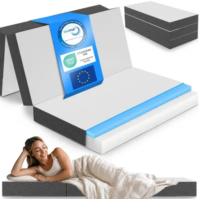 Produktbild von ELONEO Premium Visco Klappmatratze 120x200 cm, extra hoch 15 cm, Gästematratze klappbar, Faltmatratze, faltbare Matratze, Bandscheibenwürfel, Reisematratze, Gästebett klappbar, Klappbett waschbar