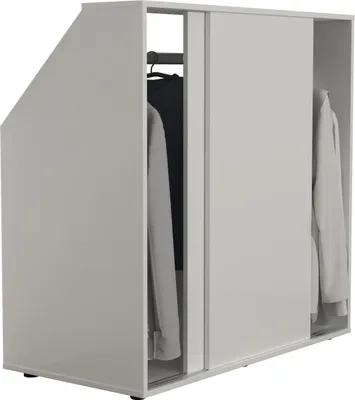 A white wardrobe with sliding doors and clothes hanging inside, shown from a diagonal angle.