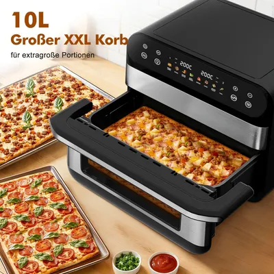Obrázek produktu pro Fritovací trouba s horkým vzduchem, 10 litrů, dvouzónová, multifunkční, dotykový displej, 2400 W