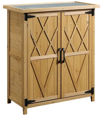 Image de Armoire de jardin, en bois de sapin, dimensions 75 cm x 40 cm x 90 cm, 2 portes, 4 étagères, toit galvanisé
