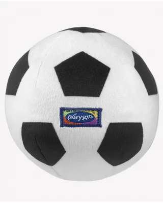 A close-up studio shot of a plush toy soccer ball.
