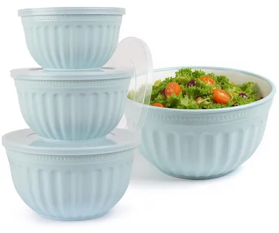 Image de Ensemble de bols à salade avec couvercles, 4 pièces, contenances : 2L, 3L, 4L et 6L. Bols de cuisine empilables, de couleur bleue, en plastique sans BPA, adaptés au lave-vaisselle et au micro-ondes