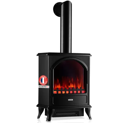 Image de Cheminée électrique KAMINIO LENI avec tuyau de poêle - Poêle électrique avec chauffage, effet flamme 3D - Noir