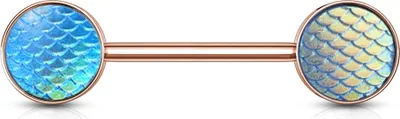 Produktbild von viva-adorno Nippel Barbell Piercing Stab Brustpiercing 316L Chirurgenstahl Fischschuppen holografisch farbig schillernd Rückseite flach Z536ni, rosegold aqua