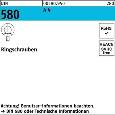 Produktbild von Ringschraube DIN 580 M 6 A 4 Ohne Oberflächenangabe 25 Stück