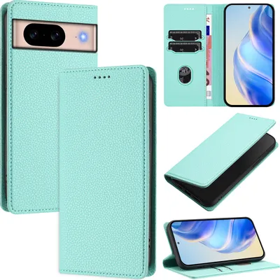 Image de Étui en cuir pour Google Pixel 8A, Litschi cuir, étui portefeuille avec fentes pour cartes et support Turquoise