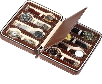 Produktbild von Uhrenetui für 8 Uhren, Uhrenbox Braun aus Kunstleder mit Reißverschluss, Uhrenkasten zum Reisen, Uhrenkoffer für Unterwegs, Uhrenschatulle mit Innenfutter aus Samt, Uhren Aufbewahrung Braun-8-Uhr
