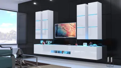 Immagine prodotto di Furnitech Parete attrezzata soggiorno - Mobili soggiorno con LED Bianco - Parete attrezzata moderna - Scaffali e mobile TV (Star AN53-18HG-W2 GS5)