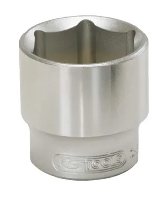 A close-up studio shot of a single silver socket wrench head.