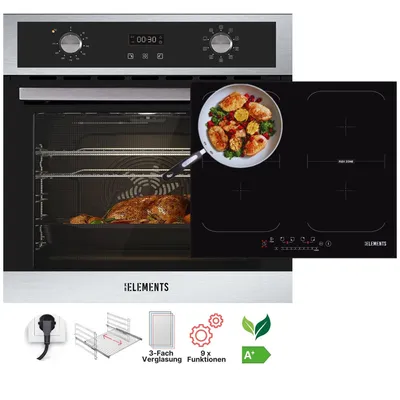 Produktbild von KB ELEMENTS Sparset, Einbauherd Set, Herdset, Induktionskochfeld 60cm 7400 Watt, Einbaubackofen 60cm 70 Liter, EEK A+