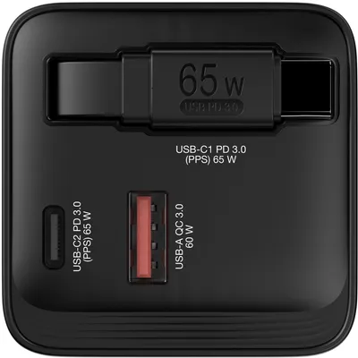 Image de Verbatim 32217 Chargeur GaN Verbatim à 2 ports, 65 W, câble rétractable (UE/Royaume-Uni/États-Unis)