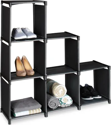 Produktbild von Relaxdays Stufenregal mit 6 Fächern, H x B x T: ca. 109 x 106 x 30 cm, einfaches Stecksystem, Raumteiler und Treppenregal, schwarz