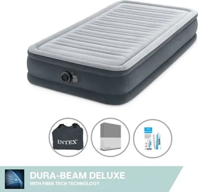 Produktbild von Intex Luftbett - 1 Person - 99 x 191 x 33 cm - Grau - Mit eingebauter Pumpe, Spannbettlaken Anthrazit en Reperaturset