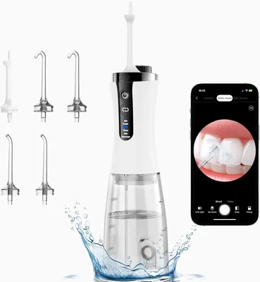 Produktbild von Wasser-Zahnseidegerät, kabelloses Mundduschengerät mit App, wiederaufladbar, Munddusche IPX7 wasserdicht, einstellbarer Wasserdruck und -fluss