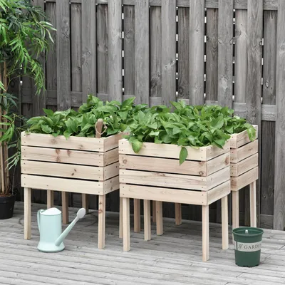 Produktbild von Pflanzkübel Massivholz wetterfest, Hochbeet Blumenkasten rückenfreundlich, Holz Natur  |  Tannenholz  |  12 kg  |  4-teilig  |  50 x 30 x 60 cm